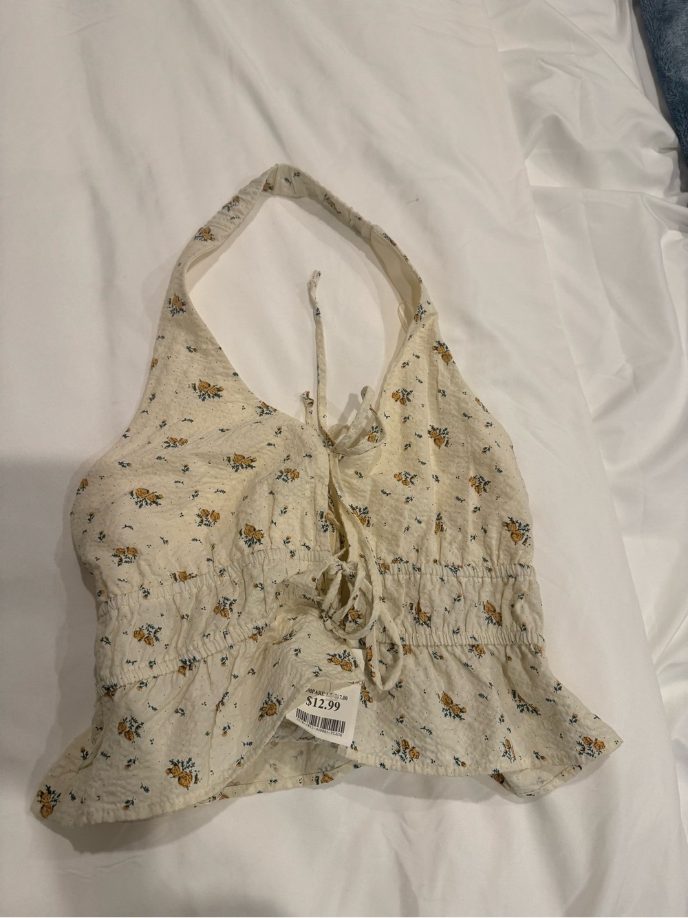 Floral Tie-Front Halter Top - Cream